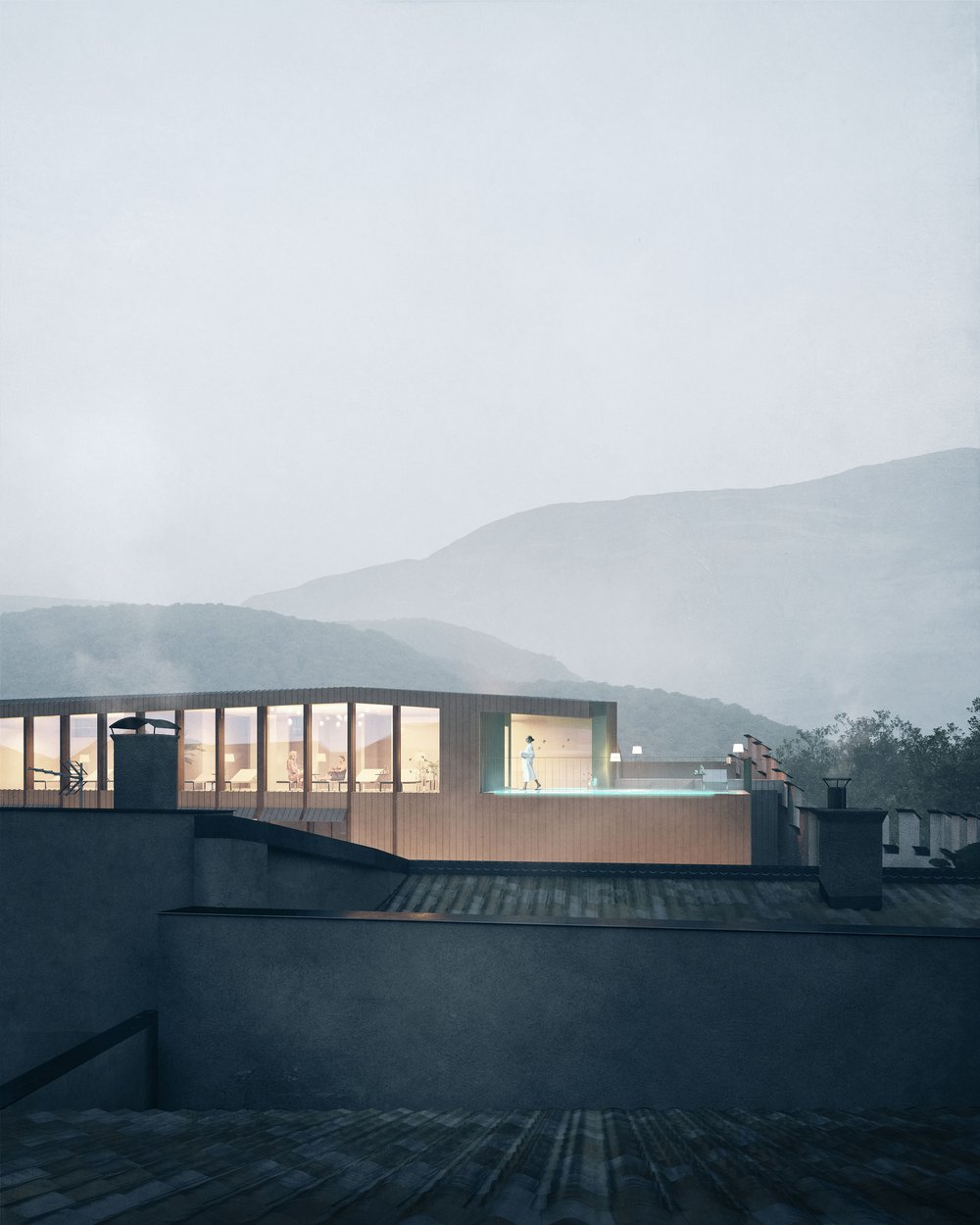 Modernes Gebäude mit großen Fenstern und beleuchtetem Innenraum bei Nacht