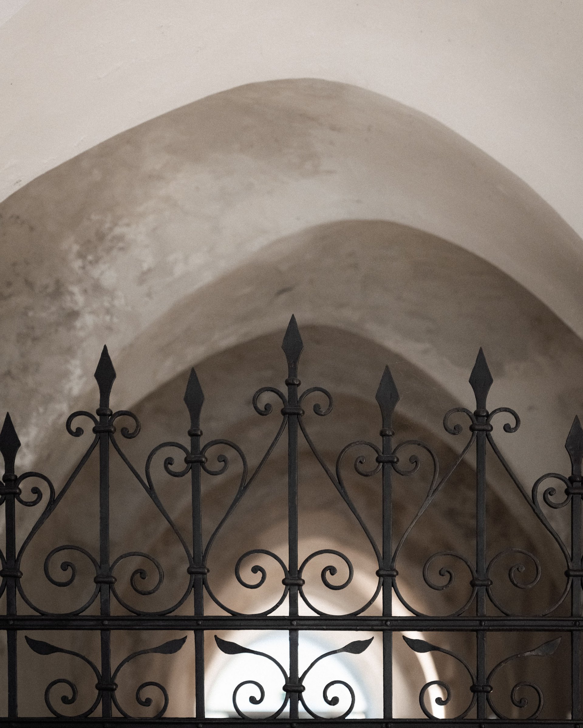 Black wrought iron gate in front of vaulted ceiling