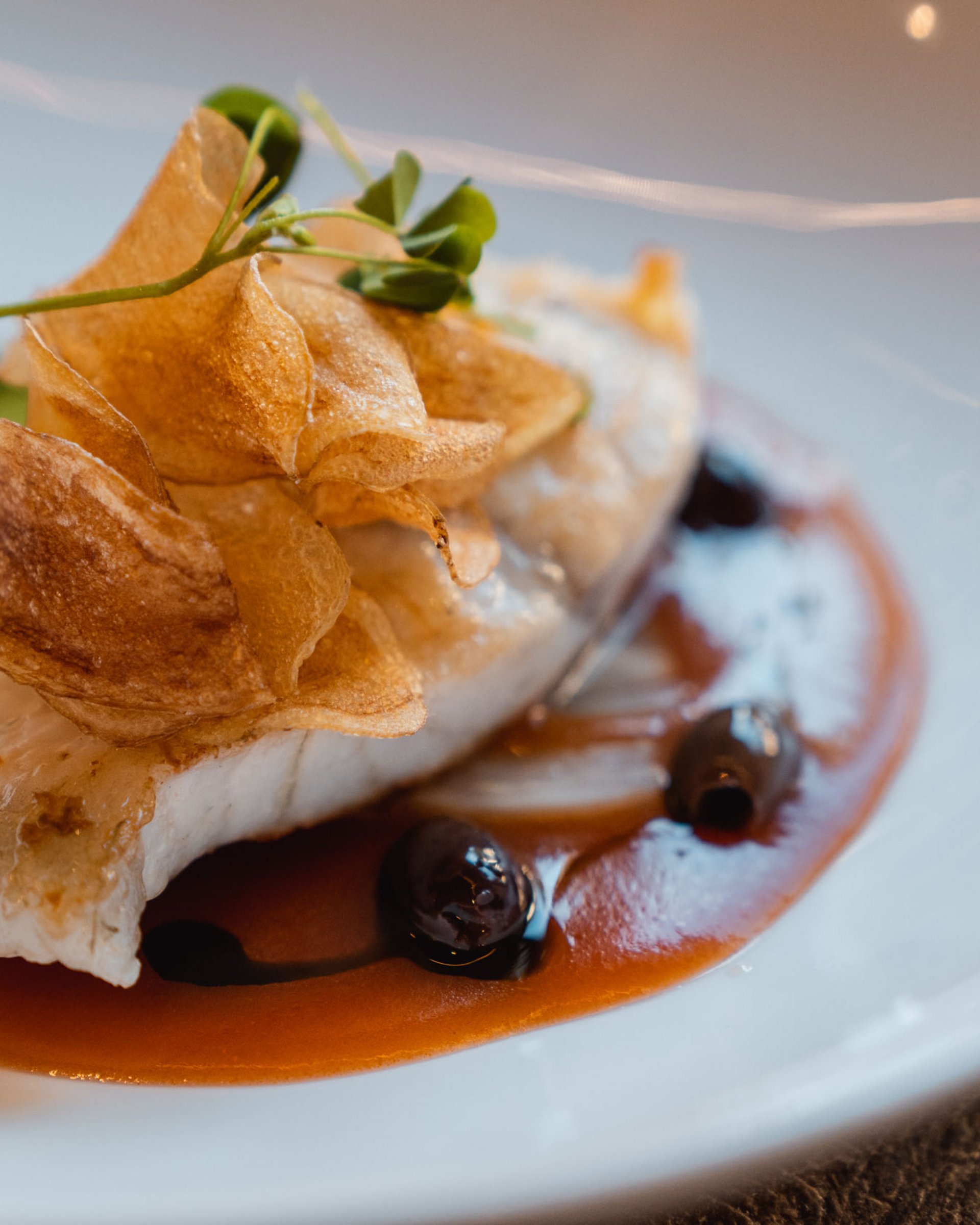 Plated fish with potato chips and sauce on a white plate