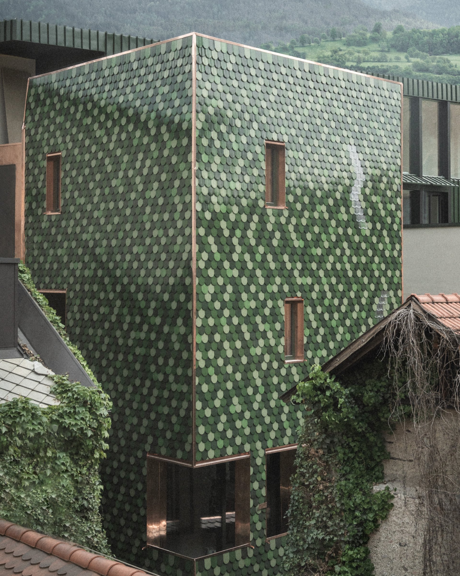 Modernes Haus mit grüner schuppiger Fassade und umliegender Vegetation