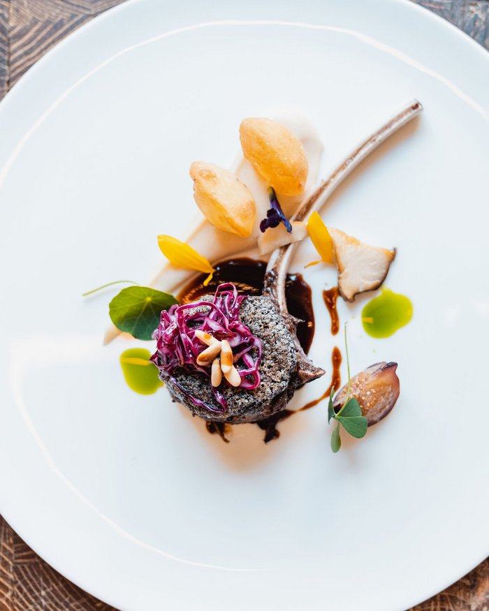 Elegantly plated gourmet lamb chop with colorful garnishes on a white plate