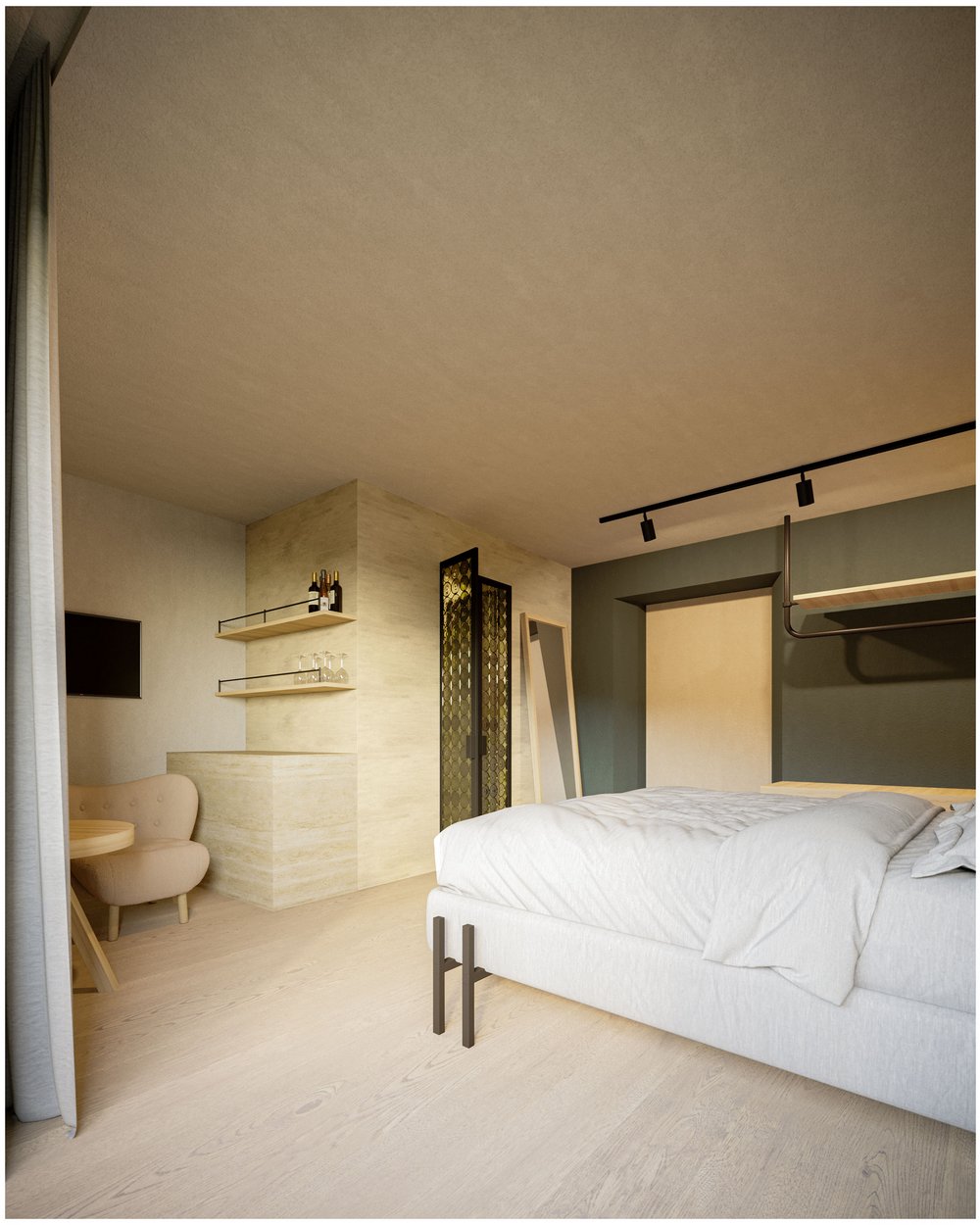 Modern bedroom with double bed, armchair, and built-in bar area