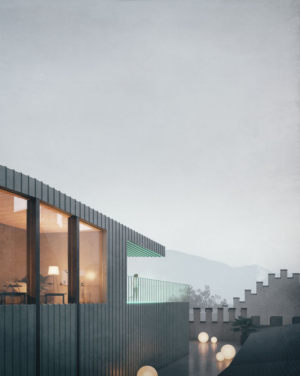 Modern balcony with glass railing and lit terrace at dusk