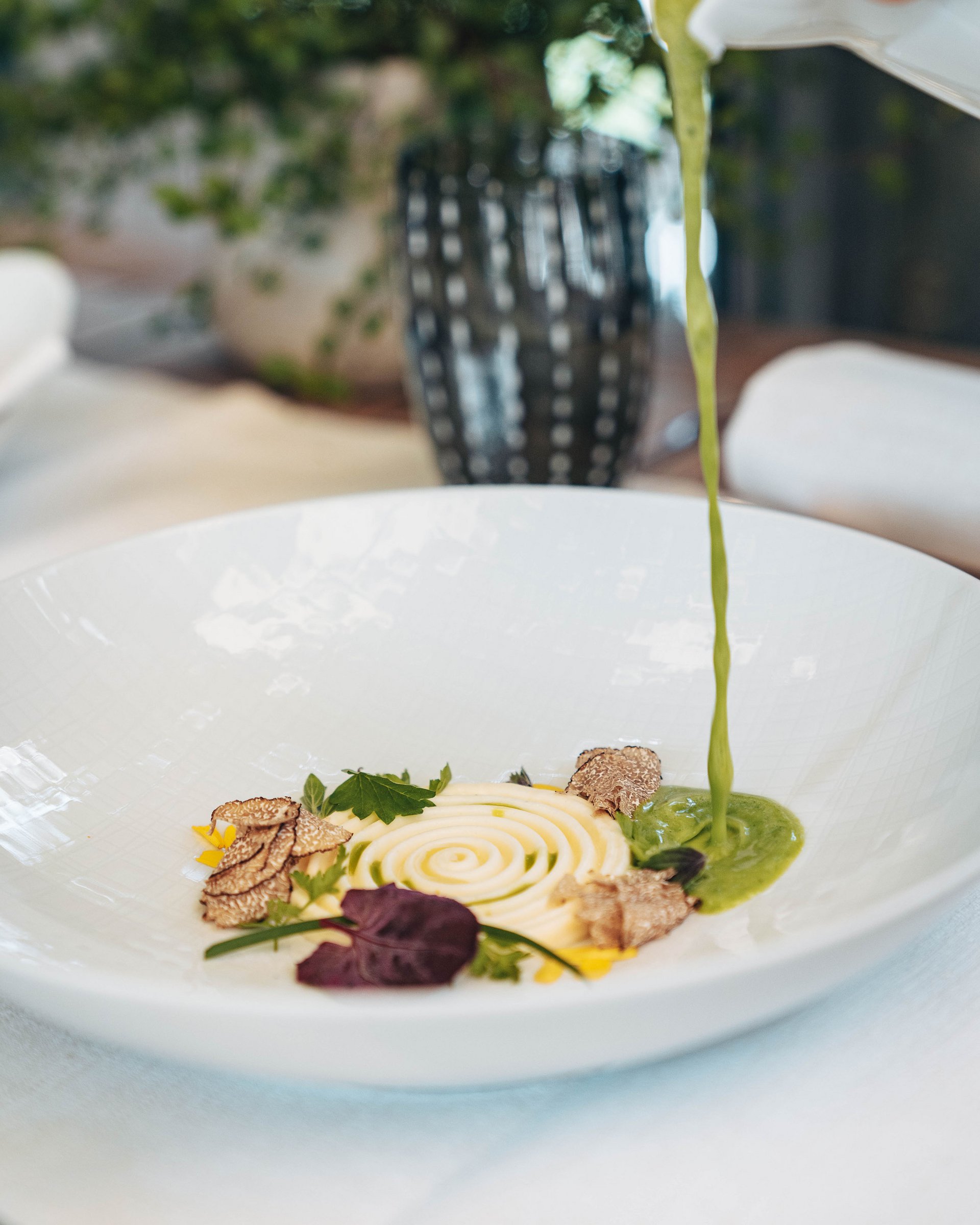 Green sauce poured over an artfully plated dish with mushrooms and herbs
